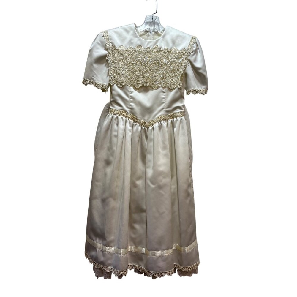 VTG Jessica Mcclintock Girls Ivory Satin & Lace Dress Size 14 Embroidered‎ lined